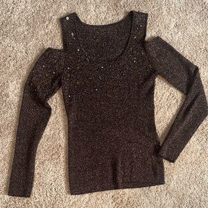 Sparkle Cold-Shoulder Knit Top - Black with Gold Glitter